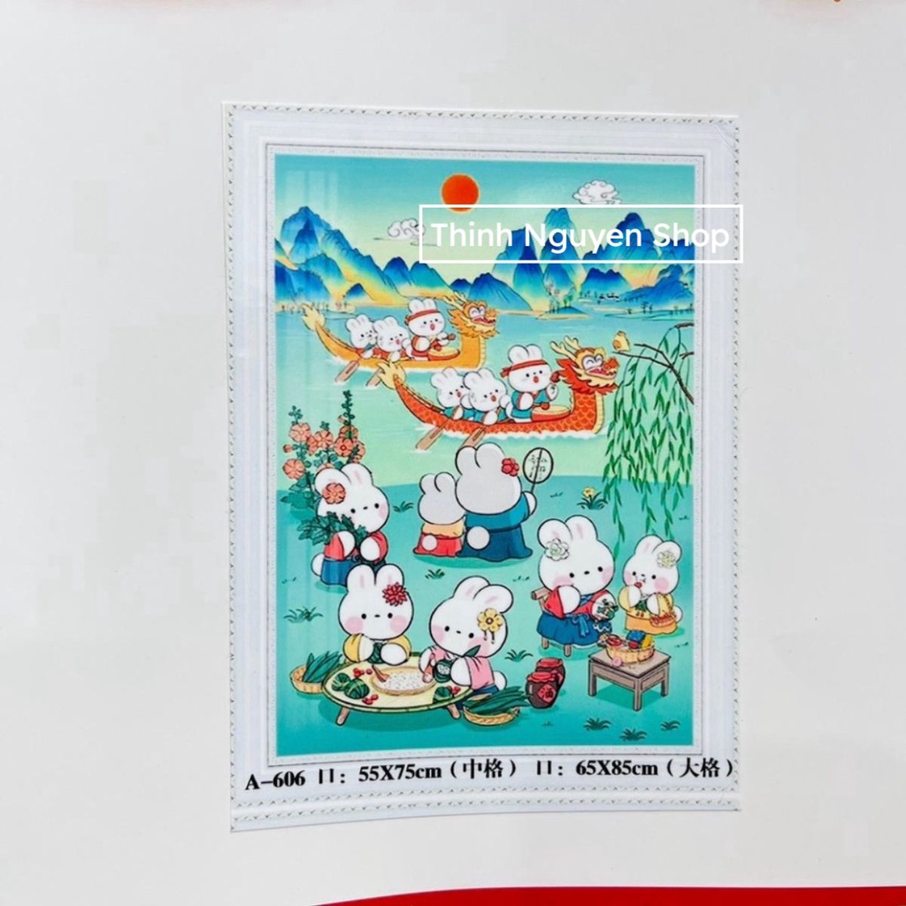 Tranh Thêu Kín Gia Đình Thỏ Siêu Đẹp A606(55*75cm) Chưa Thêu