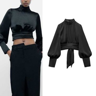Made in morocco - áo sơ mi zara vải lụa satin cổ đứng thắt nơ hở lưng sexy