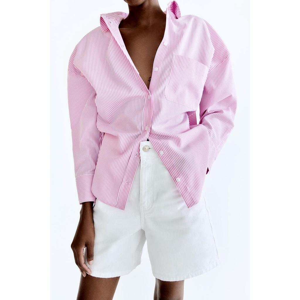 Made in Morocco - Áo Sơ Mi Zara Tay Dài Dáng Rộng Họa Tiết Kẻ Sọc hồng