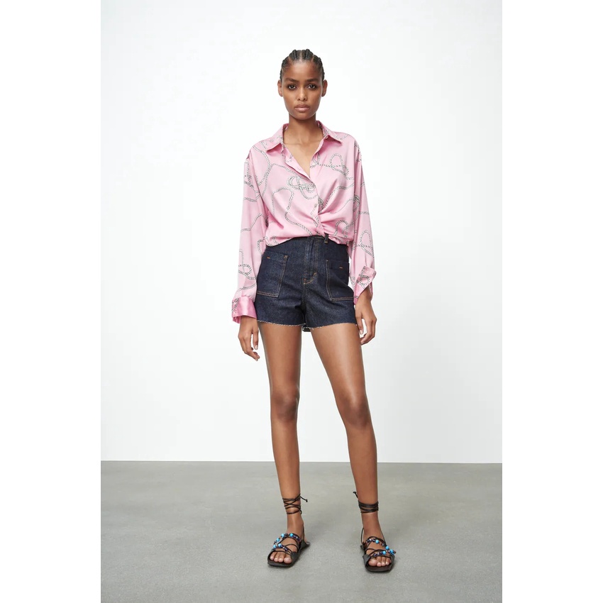 Made in Morocco - Áo Zara Sơ Mi Lụa Satin Tay Dài Dáng Rộng màu trơn hoặc In Họa Tiết Da Báo Hồng Kông Retro