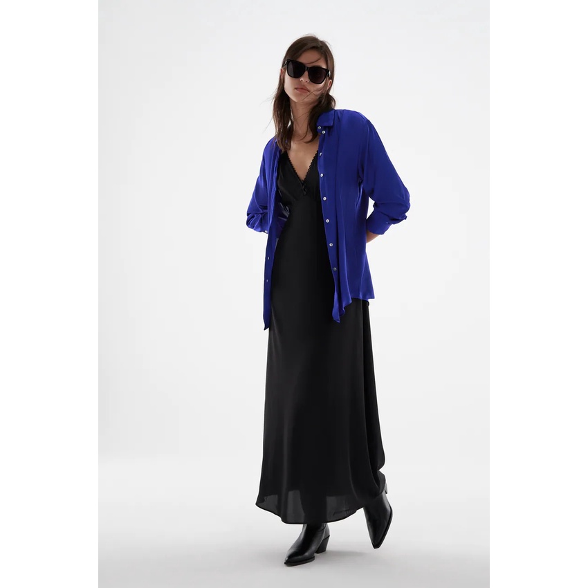 Made in Morocco - Áo Zara Sơ Mi Lụa Satin Tay Dài Dáng Rộng màu trơn hoặc In Họa Tiết Da Báo Hồng Kông Retro