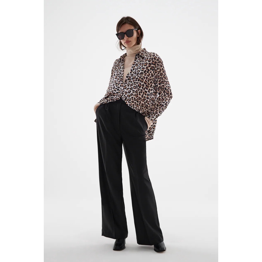 Made in Morocco - Áo Zara Sơ Mi Lụa Satin Tay Dài Dáng Rộng màu trơn hoặc In Họa Tiết Da Báo Hồng Kông Retro