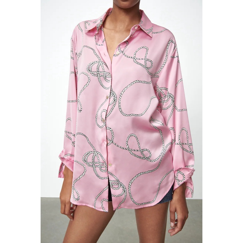 Made in Morocco - Áo Zara Sơ Mi Lụa Satin Tay Dài Dáng Rộng màu trơn hoặc In Họa Tiết Da Báo Hồng Kông Retro