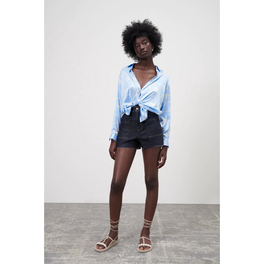 Made in Morocco - Áo Zara Sơ Mi Lụa Satin Tay Dài Dáng Rộng màu trơn hoặc In Họa Tiết Da Báo Hồng Kông Retro