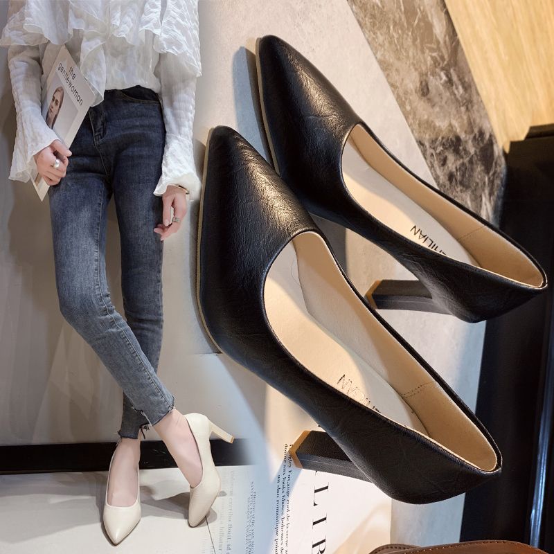 Giày Cao Gót Mũi Nhọn Màu Đen Thời Trang Mùa Xuân Theo Phong Cách Pháp