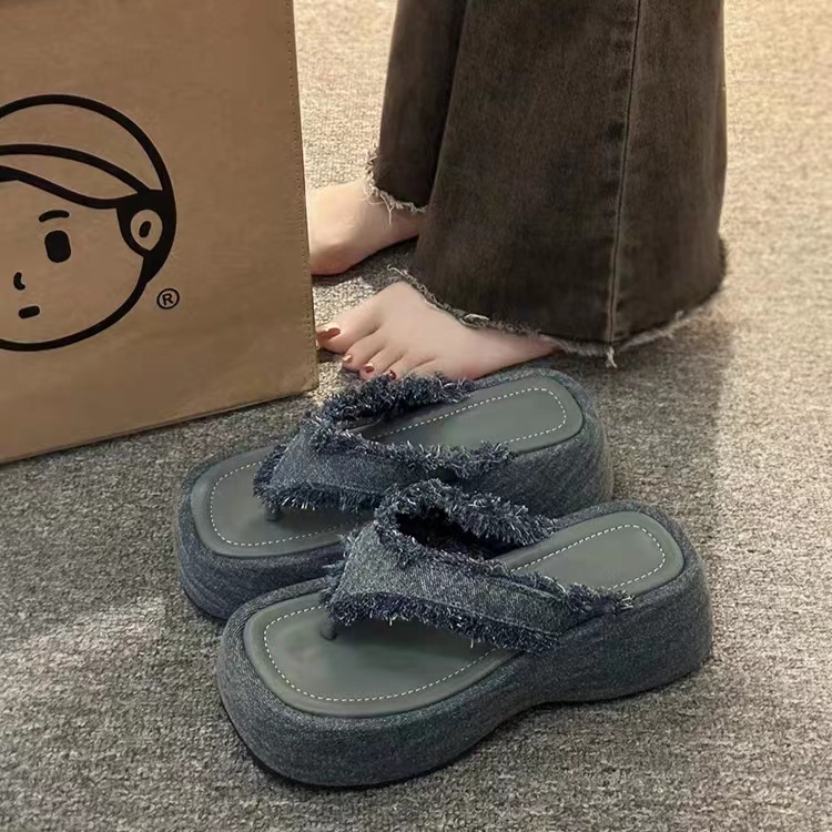 Dép Nữ Nhân Tự Kéo Hè Mặc Denim Vải Dày Mùa Bên Ngoài