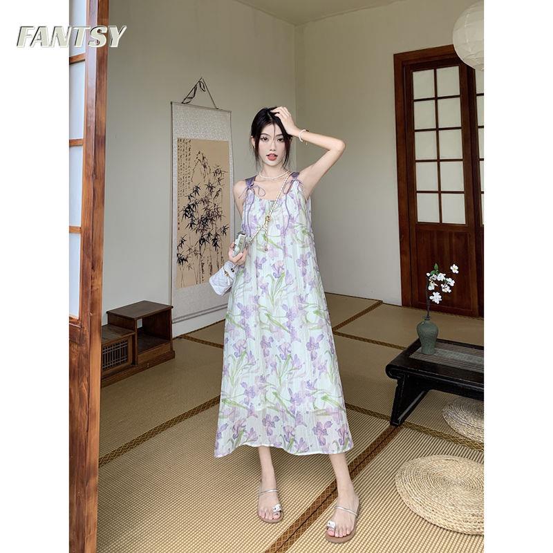 Đầm Hoa Mùa Hè 2023 Hai Dây Dáng Rộng Và Dài Ngang Gối Có Dây Cột Phong Cách Ngọt Ngào Mẫu Mới Dành