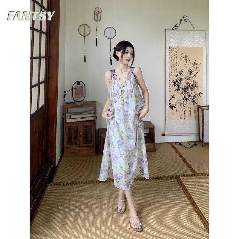 Đầm Hoa Mùa Hè 2023 Hai Dây Dáng Rộng Và Dài Ngang Gối Có Dây Cột Phong Cách Ngọt Ngào Mẫu Mới Dành