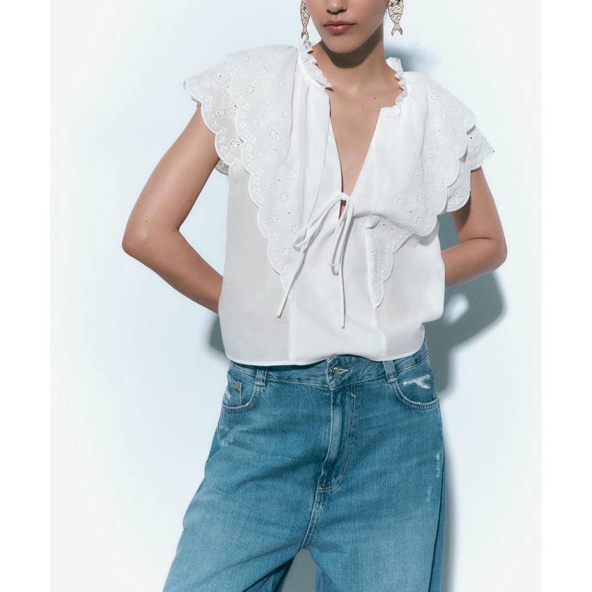 Made in Morocco - Áo Zara Sơ Mi Trắng Cổ Chữ V Dáng Rộng Cột Dây Thêu Họa Tiết Phong Cách Pháp