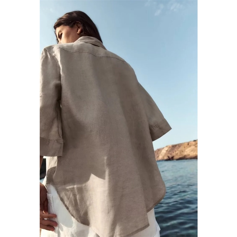 Made in Morocco - Áo Zara Sơ Mi Zara Vải Lanh Cao Cấp Dáng Rộng Phối Túi Thời Trang