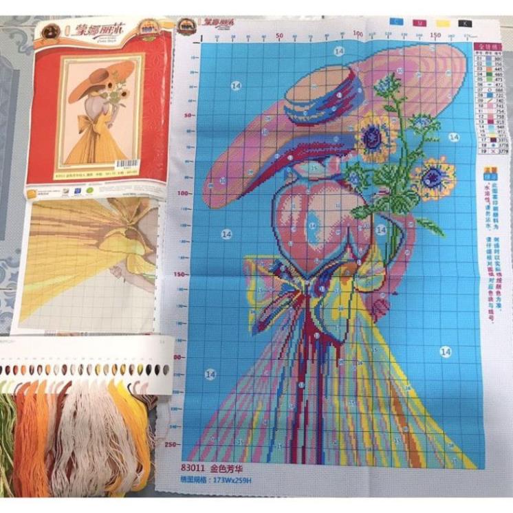Tranh thêu chữ thập cô gái ôm hoa hướng dương - thêu kín 83011