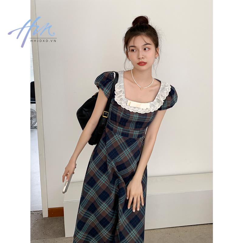Đầm Dài Tay Phồng Cổ Vuông Họa Tiết Sọc Caro Phong Cách Pháp Thời Trang Mùa Hè Cho Nữ