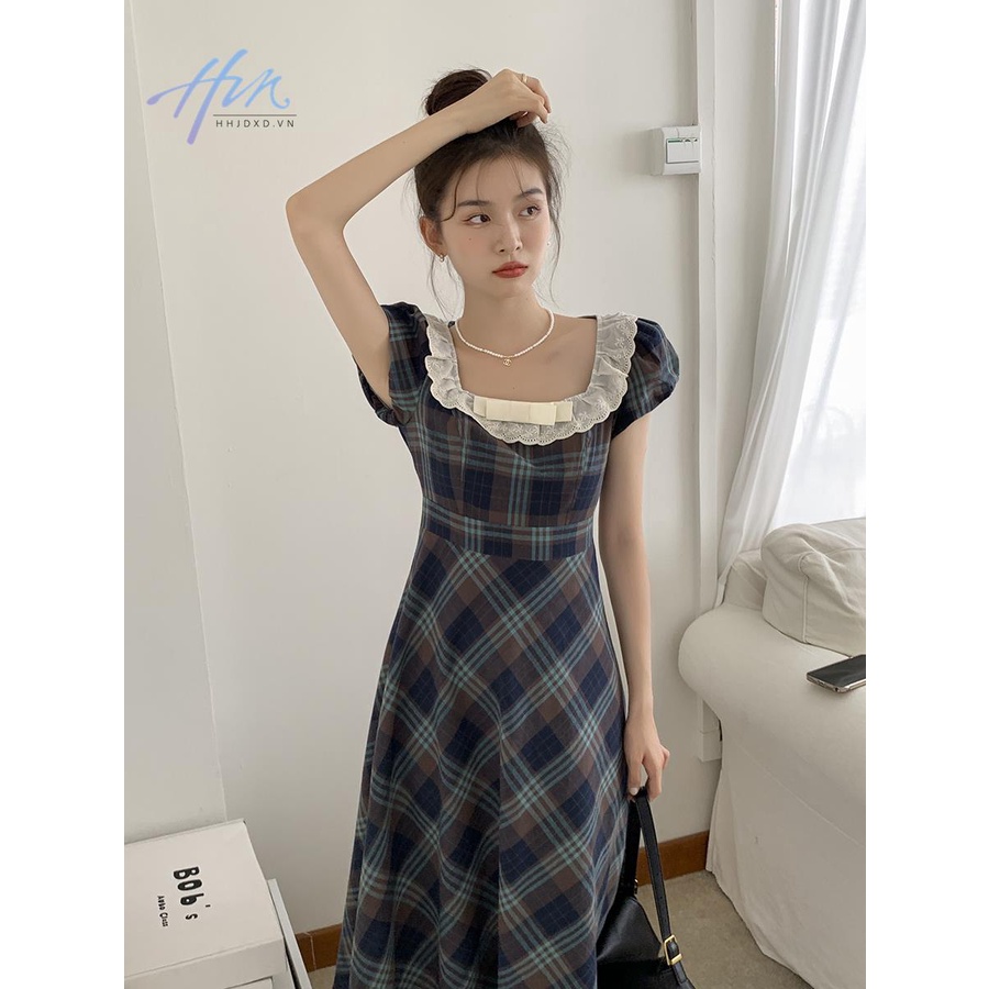 Đầm Dài Tay Phồng Cổ Vuông Họa Tiết Sọc Caro Phong Cách Pháp Thời Trang Mùa Hè Cho Nữ