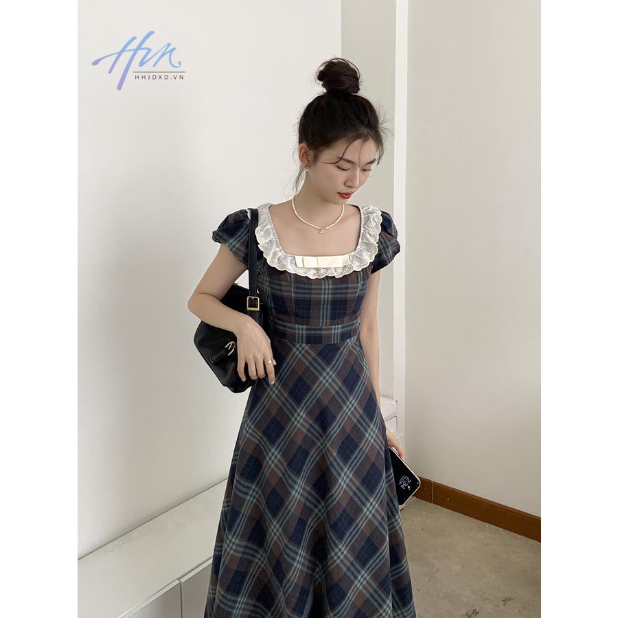 Đầm Dài Tay Phồng Cổ Vuông Họa Tiết Sọc Caro Phong Cách Pháp Thời Trang Mùa Hè Cho Nữ