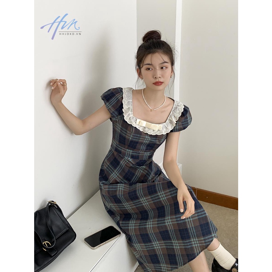 Đầm Dài Tay Phồng Cổ Vuông Họa Tiết Sọc Caro Phong Cách Pháp Thời Trang Mùa Hè Cho Nữ