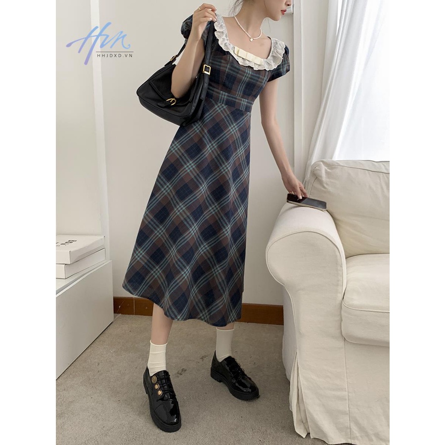 Đầm Dài Tay Phồng Cổ Vuông Họa Tiết Sọc Caro Phong Cách Pháp Thời Trang Mùa Hè Cho Nữ