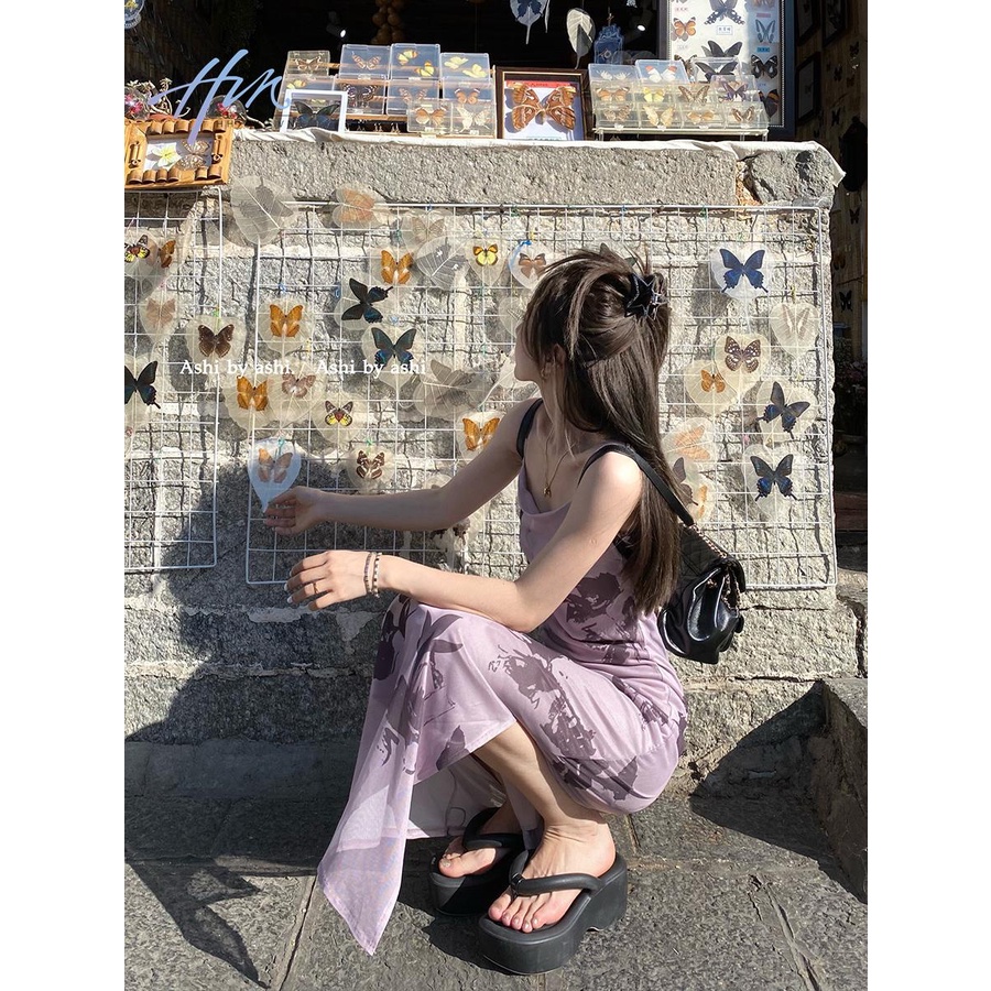 Đầm Hai Dây Mỏng Ôm Eo In Họa Tiết Bướm Phong Cách Pháp Cổ Điển Thời Trang Mùa Hè Cho Nữ