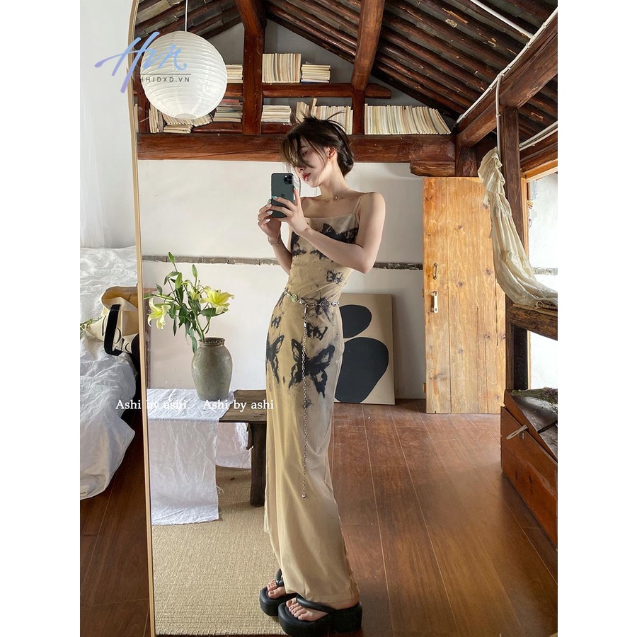 Đầm Hai Dây Mỏng Ôm Eo In Họa Tiết Bướm Phong Cách Pháp Cổ Điển Thời Trang Mùa Hè Cho Nữ