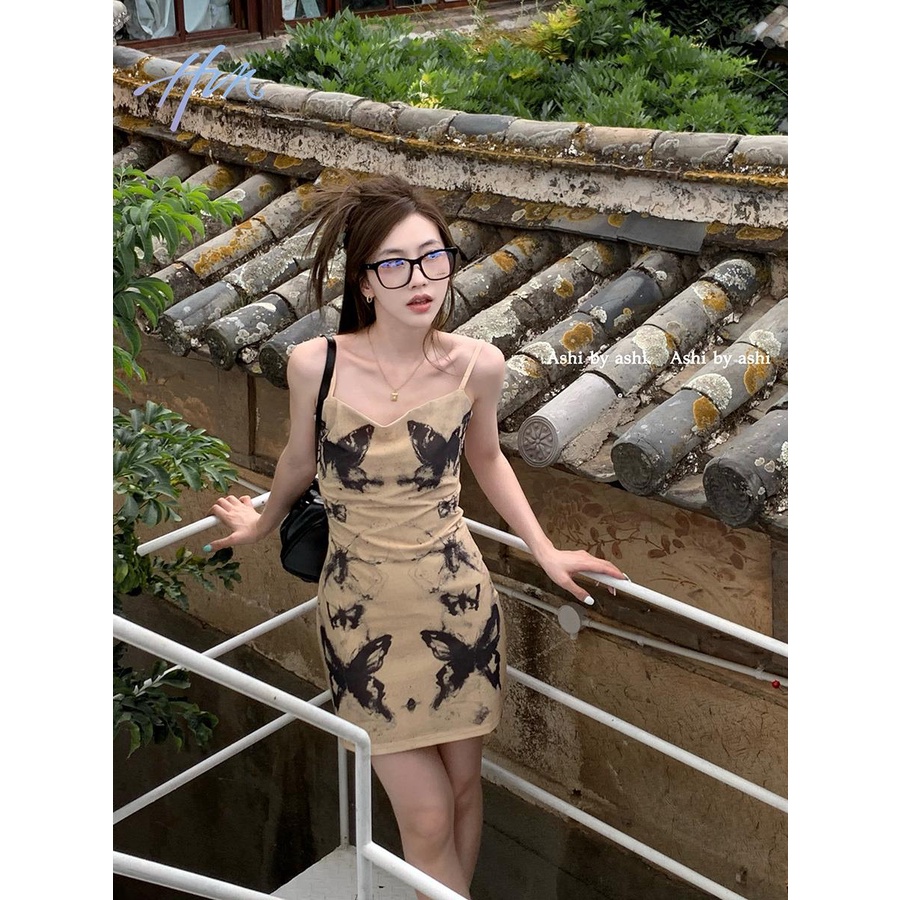 Đầm Hai Dây Mỏng Ôm Eo In Họa Tiết Bướm Phong Cách Pháp Cổ Điển Thời Trang Mùa Hè Cho Nữ