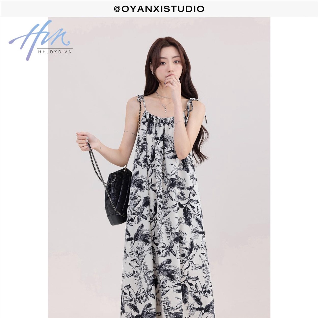 Đầm Dài Dáng Chữ A In Họa Tiết Màu Mực Quyến Rũ Thời Trang Mùa Hè Cho Nữ