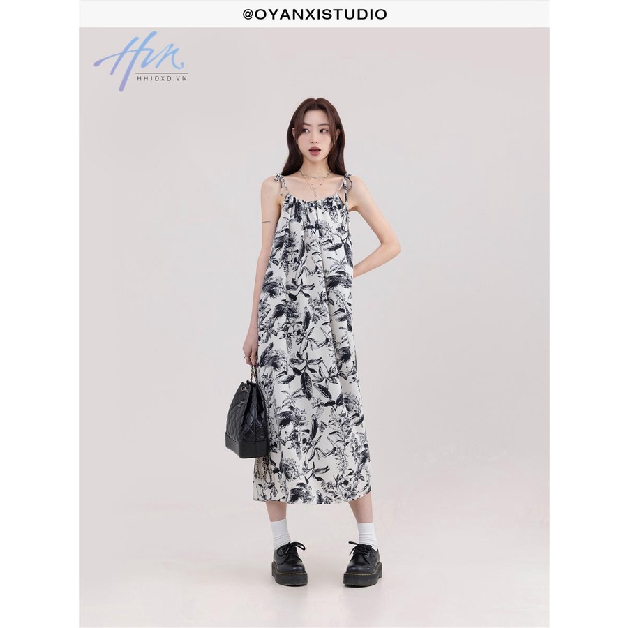 Đầm Dài Dáng Chữ A In Họa Tiết Màu Mực Quyến Rũ Thời Trang Mùa Hè Cho Nữ