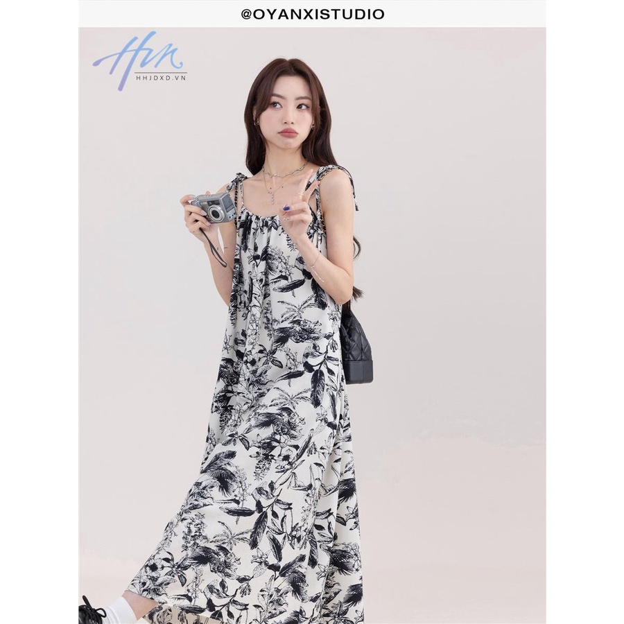 Đầm Dài Dáng Chữ A In Họa Tiết Màu Mực Quyến Rũ Thời Trang Mùa Hè Cho Nữ
