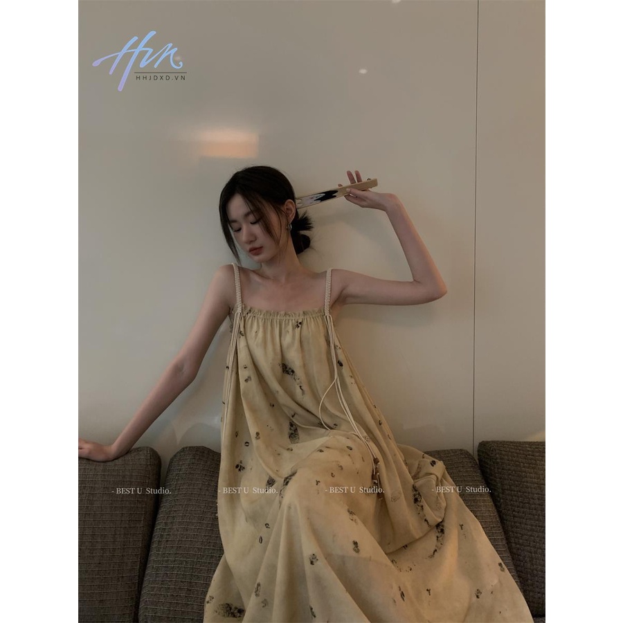 Đầm Hai Dây Dáng Dài Rộng In Họa Tiết Phong Cách Pháp Thời Trang Mùa Hè Mới Cho Nữ