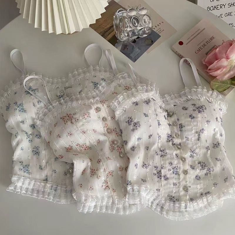 Áo Hai Dây Phối Ren Hoa Nhỏ Màu Trơn Có Đệm Ngực Phong Cách Quyến Rũ Thời Trang Mùa Hè Hàng Mới Bán Chạy Dành Cho Bạn Nữ Mặc Ngoài