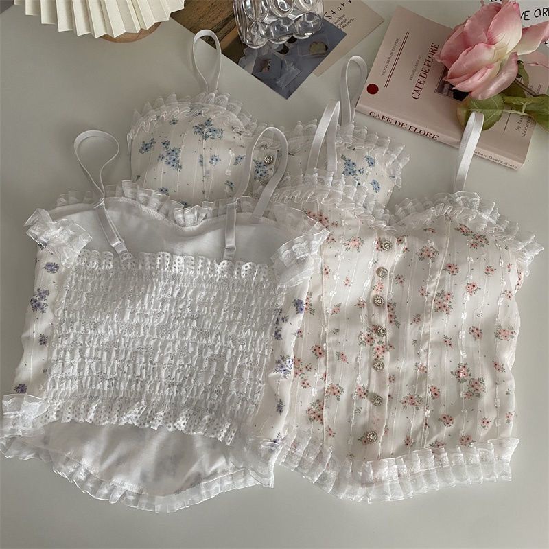 Áo Hai Dây Phối Ren Hoa Nhỏ Màu Trơn Có Đệm Ngực Phong Cách Quyến Rũ Thời Trang Mùa Hè Hàng Mới Bán Chạy Dành Cho Bạn Nữ Mặc Ngoài