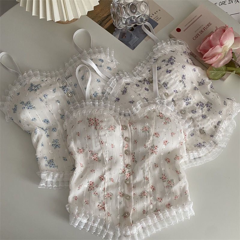 Áo Hai Dây Phối Ren Hoa Nhỏ Màu Trơn Có Đệm Ngực Phong Cách Quyến Rũ Thời Trang Mùa Hè Hàng Mới Bán Chạy Dành Cho Bạn Nữ Mặc Ngoài