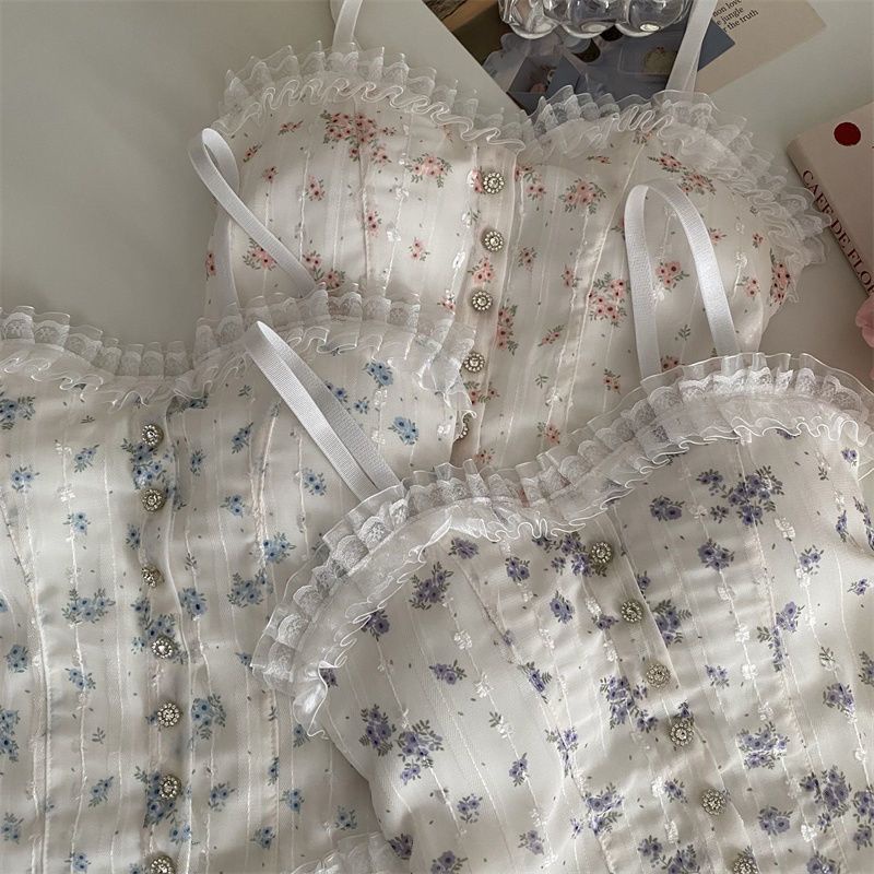 Áo Hai Dây Phối Ren Hoa Nhỏ Màu Trơn Có Đệm Ngực Phong Cách Quyến Rũ Thời Trang Mùa Hè Hàng Mới Bán Chạy Dành Cho Bạn Nữ Mặc Ngoài