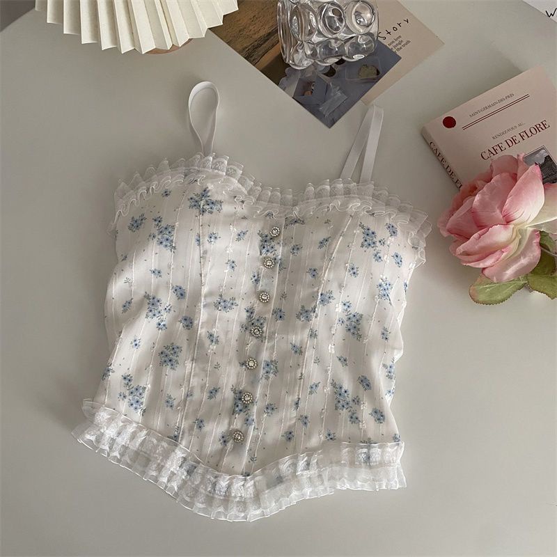 Áo Hai Dây Phối Ren Hoa Nhỏ Màu Trơn Có Đệm Ngực Phong Cách Quyến Rũ Thời Trang Mùa Hè Hàng Mới Bán Chạy Dành Cho Bạn Nữ Mặc Ngoài