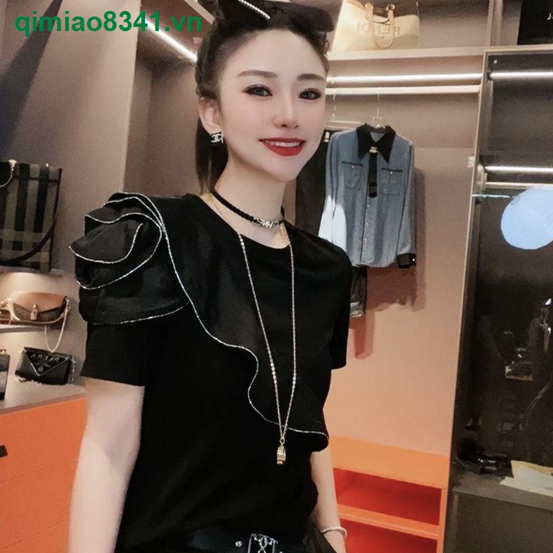 Áo Thun cotton Nguyên Chất Viền Lá Sen Tay Ngắn Phong Cách Mùa Hè Mới Cho Nữ