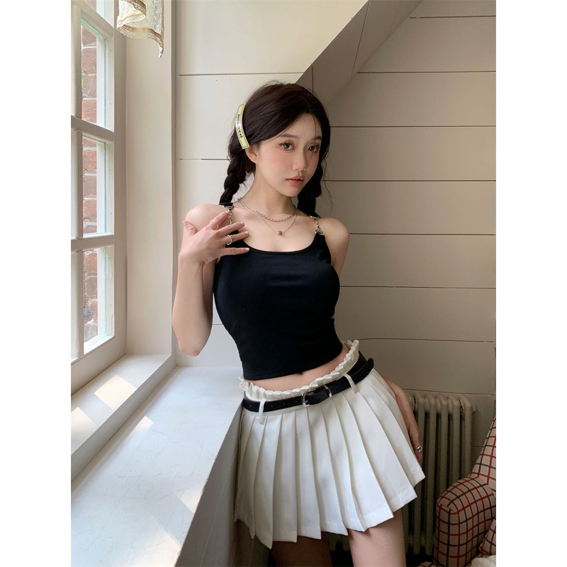 Áo Hai Dây Mùa Hè Màu Đen Trơn Khóa Kim Loại Thiết Kế Đẹp Mắt Phong Cách Desire Ngọt Ngào Cho Nữ