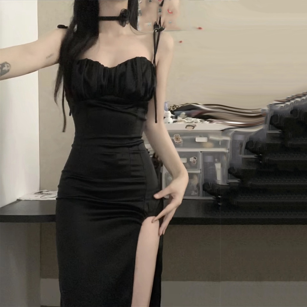 Đầm Hai Dây Ôm Dáng Xẻ Tà Cao Vừa Vặn Màu Đen Phong Cách Pháp Thời Trang Mùa Hè Cho Nữ