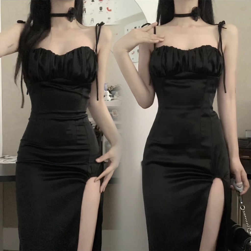 Đầm Hai Dây Ôm Dáng Xẻ Tà Cao Vừa Vặn Màu Đen Phong Cách Pháp Thời Trang Mùa Hè Cho Nữ