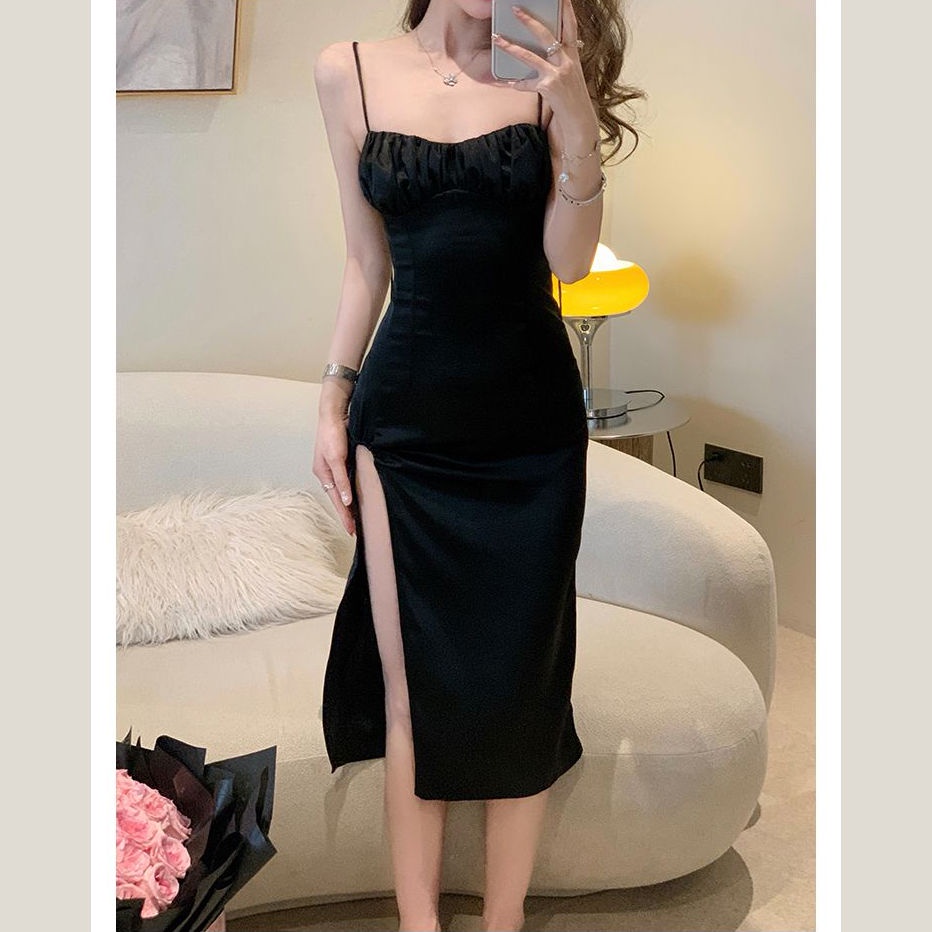 Đầm Hai Dây Ôm Dáng Xẻ Tà Cao Vừa Vặn Màu Đen Phong Cách Pháp Thời Trang Mùa Hè Cho Nữ