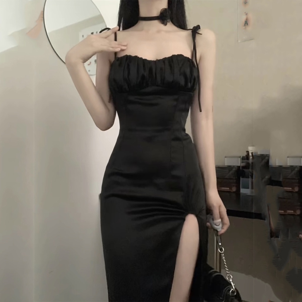 Đầm Hai Dây Ôm Dáng Xẻ Tà Cao Vừa Vặn Màu Đen Phong Cách Pháp Thời Trang Mùa Hè Cho Nữ