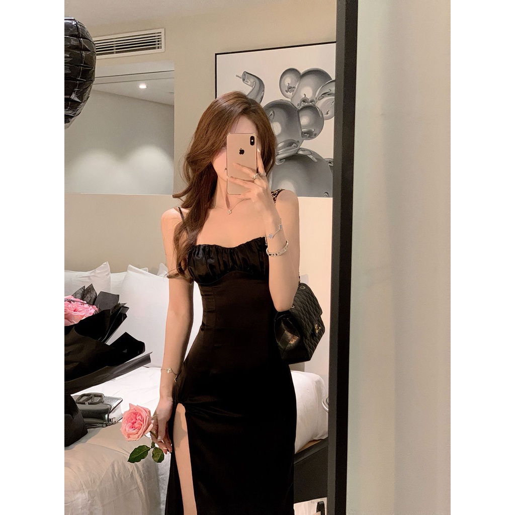 Đầm Hai Dây Ôm Dáng Xẻ Tà Cao Vừa Vặn Màu Đen Phong Cách Pháp Thời Trang Mùa Hè Cho Nữ