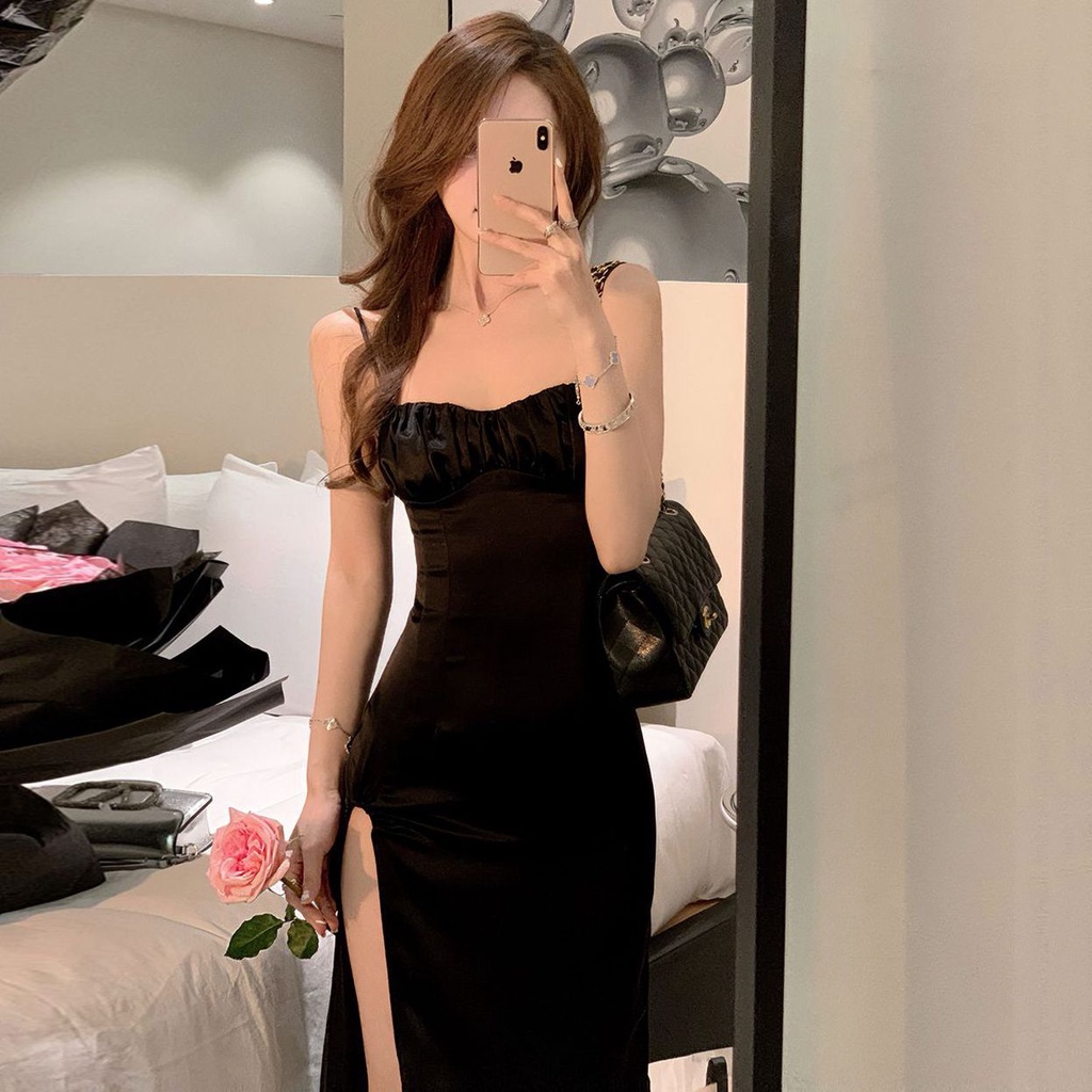 Đầm Hai Dây Ôm Dáng Xẻ Tà Cao Vừa Vặn Màu Đen Phong Cách Pháp Thời Trang Mùa Hè Cho Nữ