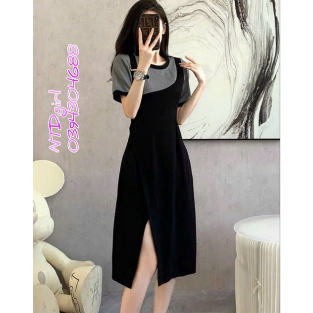Hàng nhập - Đầm dáng ôm suông nhẹ giả yếm 2 dây cách điệu, váy body tay ngắn cổ tròn tà xẻ cao
