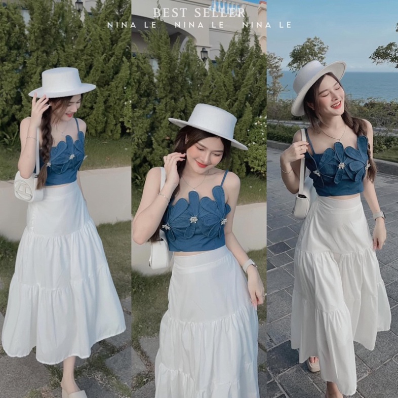 𝗩𝗶𝗱𝗲𝗼 𝗔̉𝗻𝗵 𝗧𝗵𝗮̣̂𝘁 ✔ Set Áo 2 Dây Đính Hoa Đá Mix phần chân váy Xoè Hàng 2 Lớp Có Ảnh Thật Kèm Vide