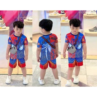 Bộ quần áo cộc tay thun lạnh 3D siêu nhân nhện cho bé trai 10-30kg