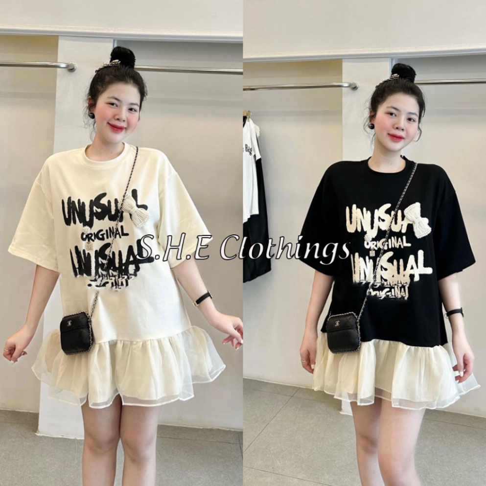 𝗩𝗶𝗱𝗲𝗼 𝗔̉𝗻𝗵 𝗧𝗵𝗮̣̂𝘁 ✔ Váy Suông Nữ Phối Đuôi Cá Tơ In Chữ ORIGINAL Dáng Đầm Phông Nữ Nẹp Viền Cổ Hình Ép Phối