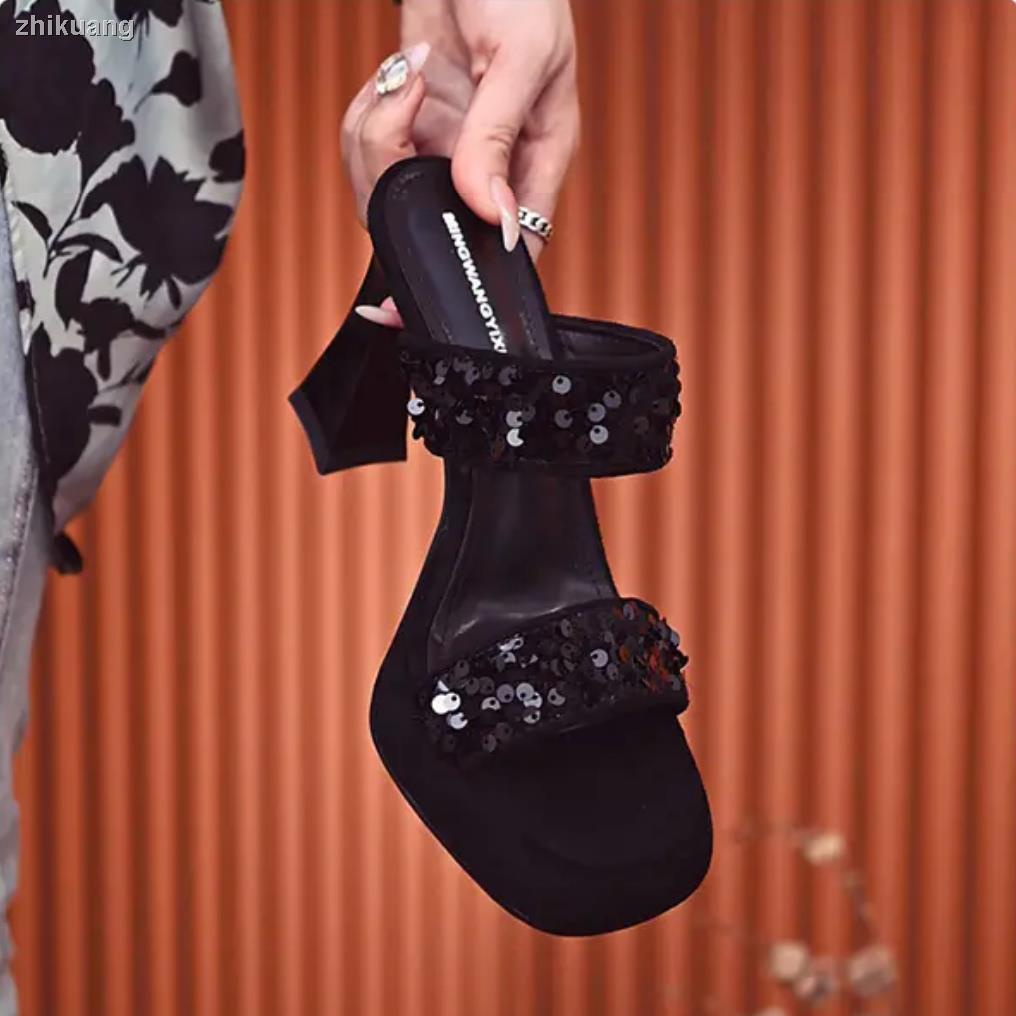 Dép Sandal Cao Gót Mũi Vuông Đính Kim Sa Thời Trang Mùa Hè 2023 Dành Cho Bạn Nữ