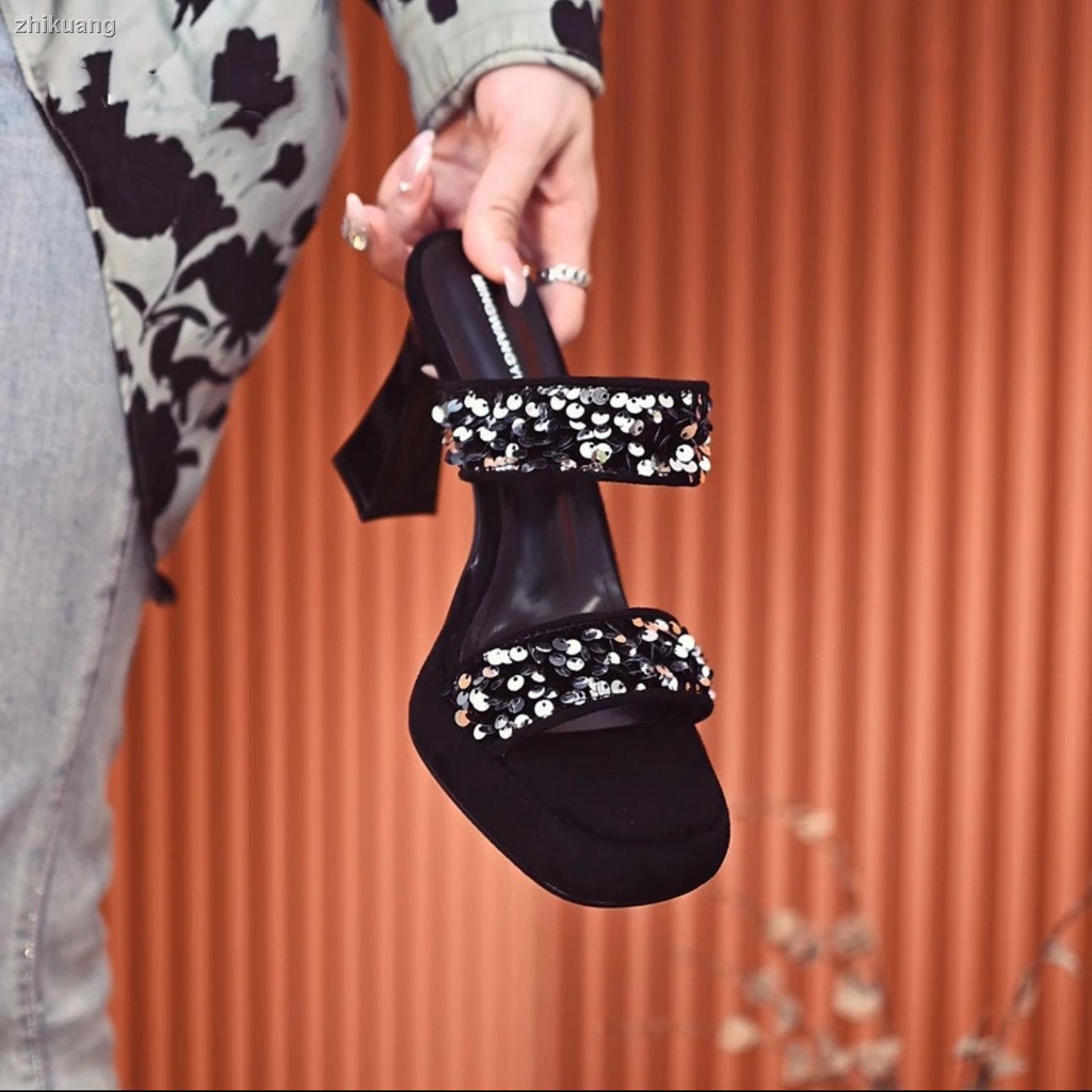 Dép Sandal Cao Gót Mũi Vuông Đính Kim Sa Thời Trang Mùa Hè 2023 Dành Cho Bạn Nữ