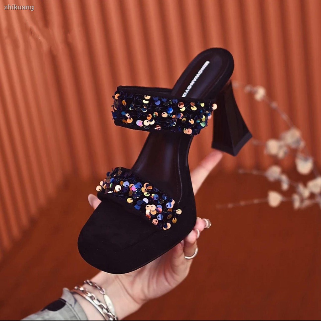 Dép Sandal Cao Gót Mũi Vuông Đính Kim Sa Thời Trang Mùa Hè 2023 Dành Cho Bạn Nữ