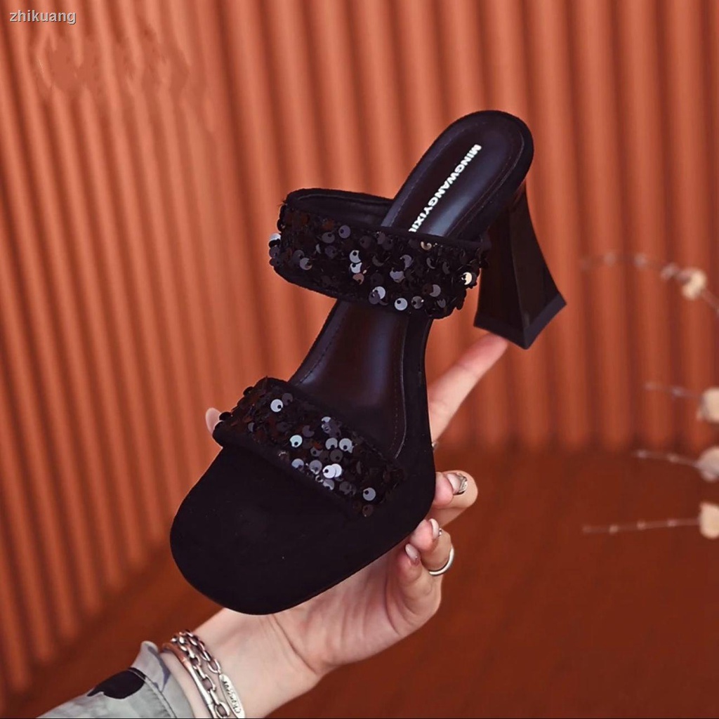 Dép Sandal Cao Gót Mũi Vuông Đính Kim Sa Thời Trang Mùa Hè 2023 Dành Cho Bạn Nữ