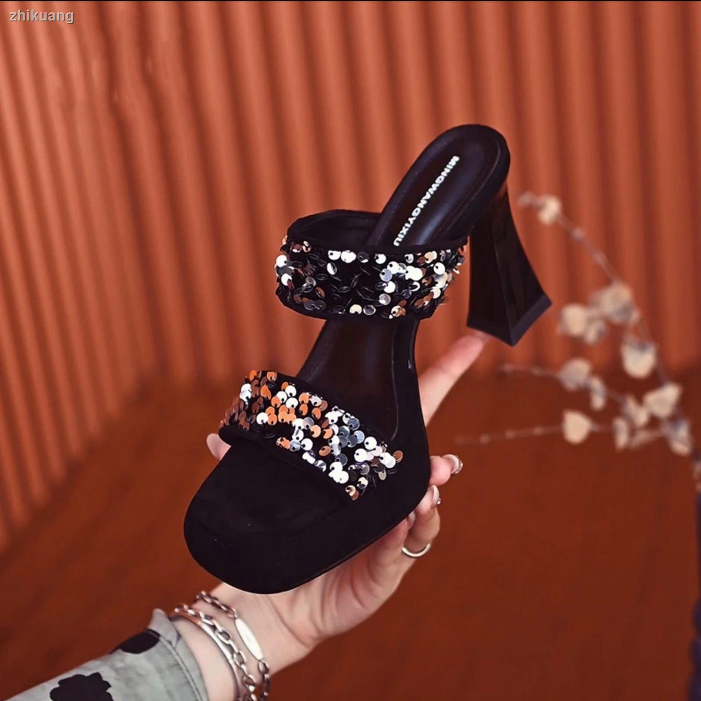 Dép Sandal Cao Gót Mũi Vuông Đính Kim Sa Thời Trang Mùa Hè 2023 Dành Cho Bạn Nữ