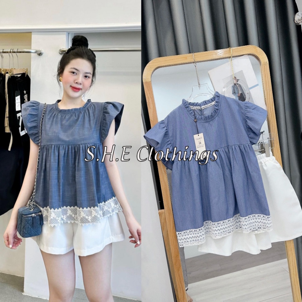 𝗩𝗶𝗱𝗲𝗼 𝗔̉𝗻𝗵 𝗧𝗵𝗮̣̂𝘁 ✔ Bộ Đùi Nữ Áo Kiểu Nữ Tay Cánh Tiên Phối Viền Ren Mix Quần Sooc Đùi Freesize 229